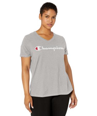 Champion Women's Plus Jersey V-Neck Tee, Script Logo 2X Oxford Gray-y07245
