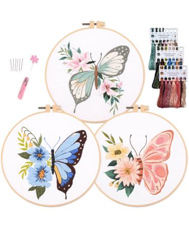 Myfelicity 3 Embroidery Kits  Butterfly Embroidery kit for Beginners  Including 3 White Embroidery Fabrics with Patterns  3 Embroidery Threads  3 Hoops and Instructions and Other Tools