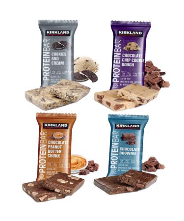 Kirkland Signature Protein Bars Variety Pack (20 Count) 5 of Each, All 4 Flavors - Chocolate Chip Cookie Dough, Chocolate Peanut Butter Chunk, Chocolate Brownie, and Cookies & Cream 2.12oz