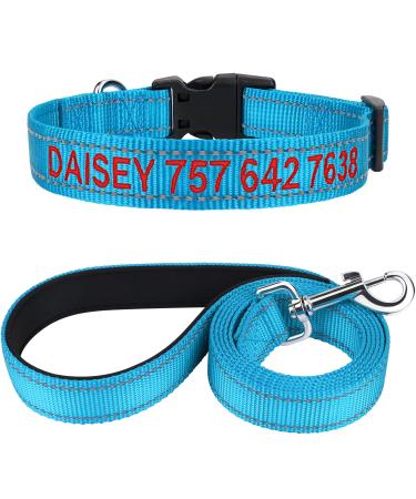 Tagme dog collar and leash personalized reflective dog collar with 1.5m double -sided reflective dog leash for large dogs sky blue l (1 -pack) sky blue set