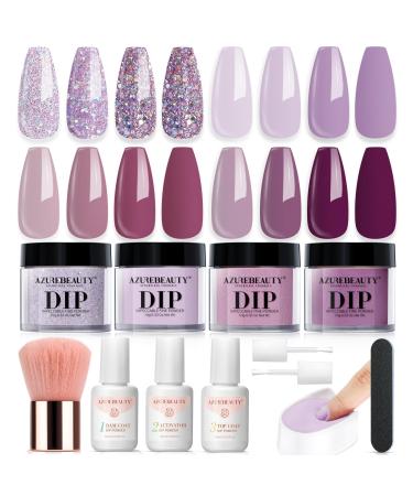 AZUREBEAUTY Dip Powder Nail Kit Fall Winter Dark Purple Lilac Purple Glitter 4 Colors Nail Dip Powder Starter Set Essential Dip Liquid Set with Base/Top Coat Activator for French Art Manicure DIY Gift