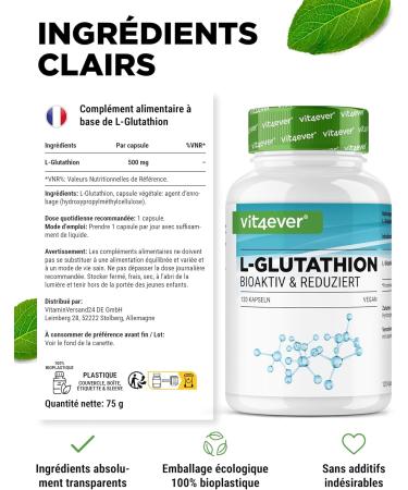 L-Glutathion - 120 g lules avec 500 mg par g lule - Premium : Glutathion r duit & bioactif issu de la fermentation - Hautement dos - Vegan 120 unit (Lot de 1) - Buy Online on GoSupps.com