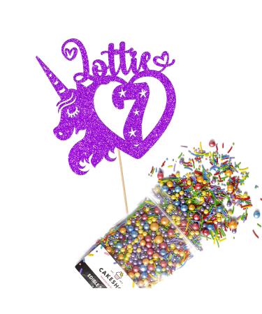 Cakeshop Cake Decoration Pack | Unicorn Heart Premium Double Sided Glitter Card Cake Topper Sign & 25g Party Pack of Cake Sugar Sprinkles | Custom Name & Age Cake Decorations (Purple) Non-Prime Glitter Card: Purple