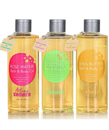 Bath and Body Oil - Autumn Shower Oil with Sweet Almond, Jojoba Oil, Shea Butter & Rose Water & Coconut Bath Oils for Women, Multiuse Oil for Hair & Dry Skin 26.4 fl oz (Pack of 3), Christmas Gifts