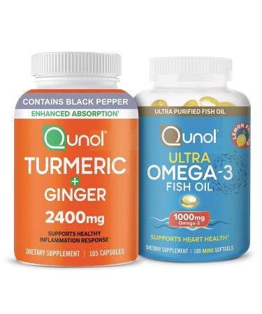 Turmeric & Omega-3: Turmeric Curcumin 2400mg 105 Capsules & Fish Oil Omega 3 1000mg 180 Mini Softgels