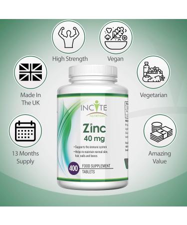 Premium Zinc 40mg Tablets - 400 Count | 1 Year Supply | Maximum Strength Pure Zinc | Vegetarian & Vegan Friendly | Made in UK - Buy Online on GoSupps.com