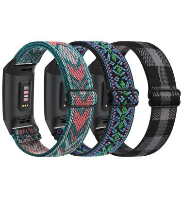 Amzpas [3 Pack] Adjustable Elastic Bands Compatible with Fitbit Charge 4 3 SE Soft Stretchy Loop Bracelet Women Men Replacement Wristbands (Green Arrow, Black Gray Plaid, Boho Green