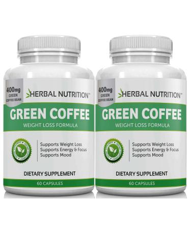 Herbal Nutrition BOGO Pure Green Coffee Bean Extract, Two Bottle Pack, 120 Capsules, Multi-Level Dosing 400mg - 1200mg Per Serving, 50% Chlorogenic Acid. Weight Loss & Cleanse Supplement