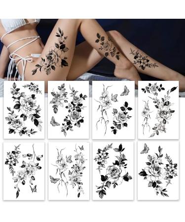 Temporary tattoos for women sexy thigh chest shoulder stomach Large flower huge fake tattoos Exquisite and aesthetic Designed By Real Tattoo Artists | Roarhowl tattoo rose 8 sheets Pattern 18