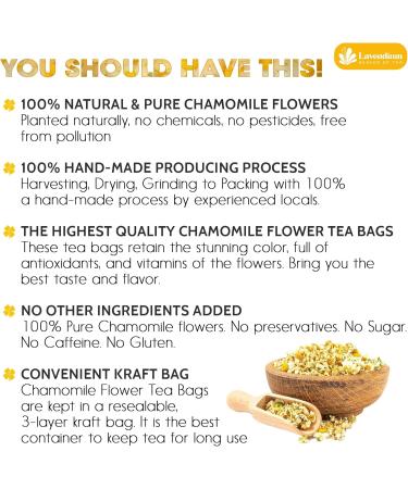Lavendium 30 Chamomile FLower Tea Bags 100% Natural and Pure Chamomile Flowers Eco-conscious Tea Bags. Chamomile Flower Herbal Tea. No Sugar No Caffeine No Gluten Vegan. CA Chamomile 30 Bags - Buy Online on GoSupps.com