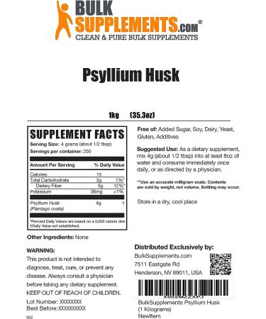 BulkSupplements Psyllium Husk Powder - 4g per Serving - 250 Servings - Digestive Fiber Supplement for Baking - Unflavored & Gluten Free - 1kg (2.2lbs) - Buy Online on GoSupps.com