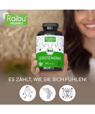 Raibu Organic Barley Grass Capsules - 3600mg Daily Dose 180 Vegan Capsules Certified Organic Ecologically Cultivated Lab Tested - Made in Germany - Buy Online on GoSupps.com