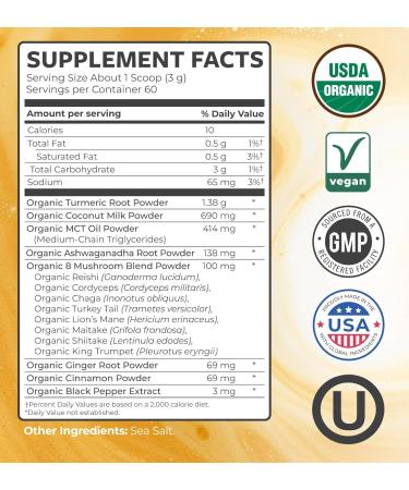 Golden Milk Powder Organic Blend - Adaptogenic Turmeric Latte with Ginger Ashwagandha & Mushroom Complex for Sleep Relaxation Vitality & Immune Support - Vegan Non-GMO & Filler Free (60 Servings) - Buy Online on GoSupps.com