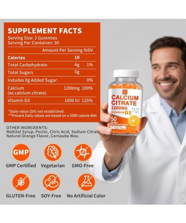 (2 Pack) Calcium Citrate 1200 mg with Vitamin D3 Gummies for Women & Men Calcium Supplements for Bone & Teeth Support High Absorption - Easy to Digest Sugar Free Vegan Orange Flavor 60 Day Supply 60 Count (Pack of 2) - Buy Online on GoSupps.com