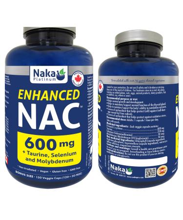 Naka Platinum Enhanced NAC 600mg (N-Acetyl-L-Cysteine) added Taurine Selenium and Molybdenum Made in Canada (150 vcaps) 150 count (Pack of 1)