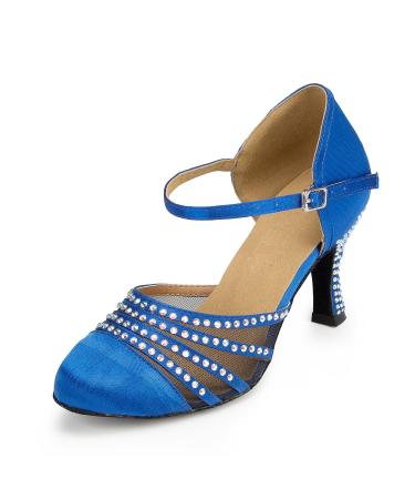URVIP New Arrivals Women's Sequins Heels Pumps Modern Latin Shoes with Ankle Strap Dance Shoes LD036 38 2/3 EU Blue