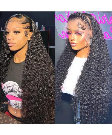 SYHGK 13x6 Deep Wave Lace Front Wigs Human Hair Wigs HD Transparent Deep Curly Lace Frontal Glueless Wigs Human Hair Lace Front Wigs Pre Plucked 150% Density Natural Black 24 Inch