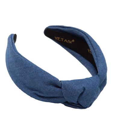 YETASI Blue Denim Headbands for Women Long Lasting Blue Jean Knotted Headband for Women Made of Non Slip Material for Your Comfort. Blue Headband is Trendy Dark Blue