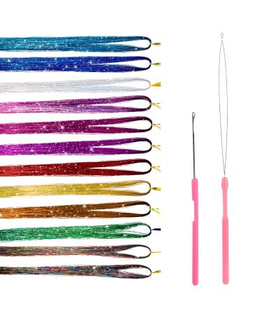AIEX 12 colors 2600 strands hair-lametta strands kit tinsel hair strands with 2 tools sparkling lametta colored hair extensions for women girls children party needs