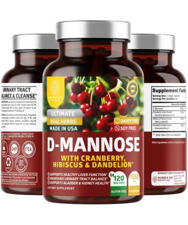 N1N Premium D Mannose with Cranberry and Hibiscus Max Strength, 1350mg Naturally Supports Urinary Tract Health, Flush Impurities and Bladder Health, 120 Veg Caps