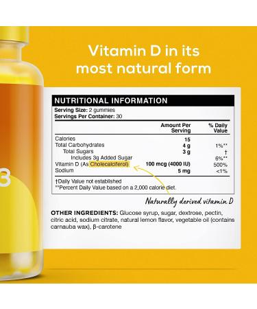 Vitamin D3 Gummies 4000 IU for Adults - Immune System & Bone Health Support - 60 Vegan Chewable Gummies - Buy Online on GoSupps.com