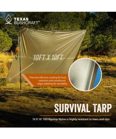 Texas Bushcraft Emergency Camping Tarp 10x10 - Waterproof Shelter for Backpacking and Hiking | 70D Ripstop Nylon Survival Tarp with Reflective Aluminized Polymer - Buy Online on GoSupps.com