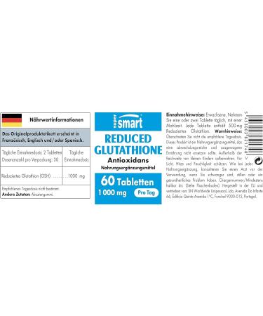Reduced Glutathione (GSH) 1000 mg - Vegan Antioxidant Supplement with Vitamin C - Gluten-Free Tripeptide for Optimal Health - Supersmart - Buy Online on GoSupps.com