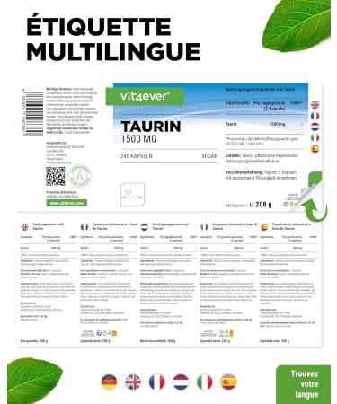 Taurine - 240 Capsules - High Dosed with 1500 mg per Daily Serving - 99% Purity - No Additives - Vegan - Buy Online on GoSupps.com