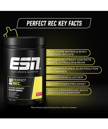 Buy ESN Perfect Rec 1320g - All-in-One Endurance Drink with Whey Protein Amino Acids & Vitamins - Mild Cherry Flavor for Optimal Performance - Buy Online on GoSupps.com