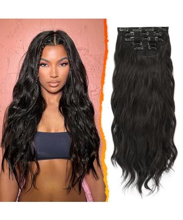 BARSDAR clip in extensions 5 PCs long wavy clip in hair extensions thick natural soft synthetic hair part for women girl -45 cm darkest brown 45 cm darkest brown
