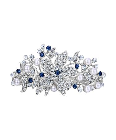 EVER FAITH Austrian Crystal Bridal Hibiscus Cream Simulated Pearl Hair Clip Barrette Blue Silver-Tone