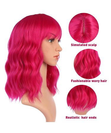 Queberty Pink Wig - Short Wavy Hot Pink Synthetic Wig for Women with Air Bangs | Natural Hair Cosplay Daily Party Use - Buy Online on GoSupps.com