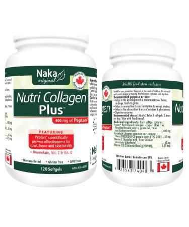 Naka Nutri Collagen Plus 400mg of Peptan plus Bromelain Vitamin C Vitamin D for Joint Bone Skin Health Made in Canada (120 softgels)