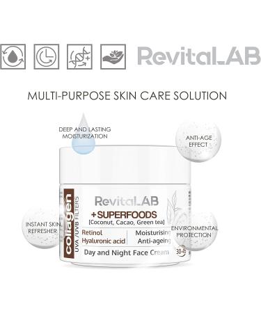 RevitaLAB - Moisturizing and anti-aging collagen day and night cream enriched with hyaluronic acid superfoods and UVA/UVB filter for people aged 30 to 45 50 ml (pack) - Buy Online on GoSupps.com