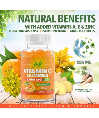 Vitamin C 1000mg Gummies with Zinc & Herbal Extracts | Immune Support for Adults & Kids | Collagen Booster | Orange Flavor | Gluten-Free & Non-GMO | 45 Gummies - Buy Online on GoSupps.com