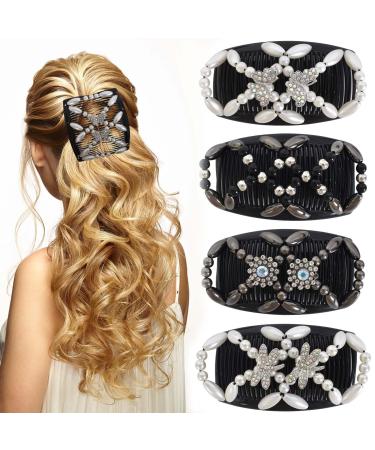 4 Pieces Magic Beads Hair Comb Hair Comb Slides Elastic Pearl Hair Combs Hair Comb for Cliping Hair Comb Elastic Beads Comb Double Clips for Women Girls Hair Accessories