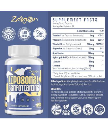 Zaigon Benfotiamine Thiamine Vitamin B1 Supplement 600mg Liposomal Fat Soluble VIT B1 with Alpha-Lipoic Acid for Men & Women Energy Boost Glucose Metabolism & Nerve Support (120 Vegan Capsules) 120 Count (Pack of 1) - Buy Online on GoSupps.com