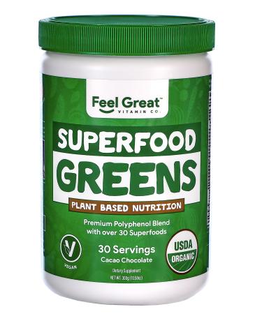 Organic Superfood Greens Powder - Cocoa Chocolate | Super Greens Fruit & Vegetable Supplement | Over 20 Greens Fruits & Veggies Fiber Probiotics & Digestive Enzymes | 30 Servings Cacao Chocolate