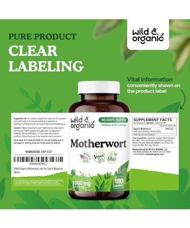 Wild & Organic Motherwort Capsules 1000 mg - Calmness & Women's Support - Natural Motherwort Supplement - 90 Days of Supply - 180 Vegan Herb Capsules - Non-GMO Gluten-Free No Additives 180 Count (Pack of 1) - Buy Online on GoSupps.com