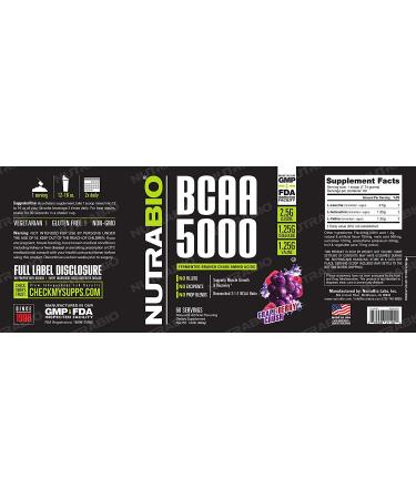 NutraBio BCAA 5000 Powder - Vegan Fermented BCAAs for Lean Muscle Growth & Recovery - Grape Berry Crush - 60 Servings - Buy Online on GoSupps.com