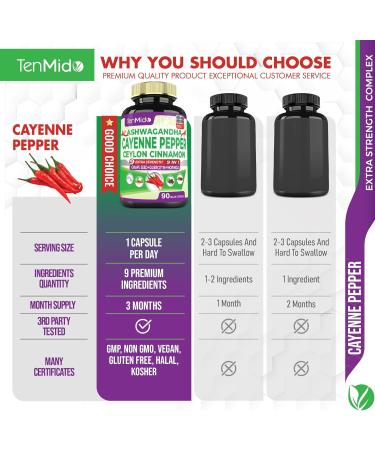 Tenmido Cayenne Pepper Supplements Capsules 3 Months Supply & Ashwagandha Ceylon Cinnamon Grape Seed Quercetin Moringa Ginkgo Biloba - Heart Wellness Promotes Digestive Health -90 Caps - Buy Online on GoSupps.com