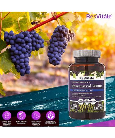 ResVitale Resveratrol 500mg - Anti Aging Antioxidant Supplement with Grape Extract & Quercetin - 60 Veggie Caps - Buy Online on GoSupps.com