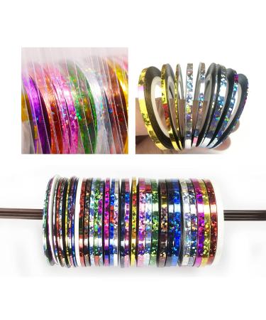 Nail Art Striping Tape Lines Kit 35 pcs 1mm 2mm 3mm Laser Nail Tape Strips for Design DIY Silver Nails Striping Tape Case Holographic Nail Rolls Chrome Striping Tape Line