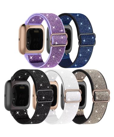 UHKZ 5 Pack Bands Compatible with Fitbit Versa/Versa 2/Versa Lite/Versa SE,Adjustable Elastic Breathable Stretchy Shiny Nylon Replacement Wristbands for Women Men Shiny Purple/Shiny Blue/Shiny White/Shiny Black/Shiny Gold
