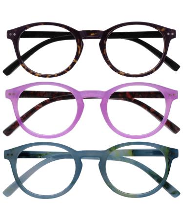 Opulize zen reading glasses 3 Pack Small round frame spring hinges scratch-resistant dark brown pink turquoise men women rrr24-24q +3.00 dark brown / pink / turquoise blue +3.00 diopters