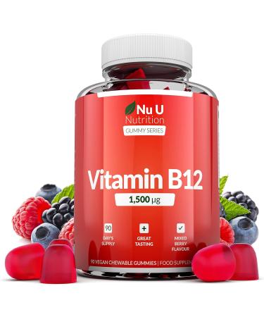High Strength Vitamin B12 Gummies 1500mcg - 90 Vegan Berry Flavoured Chewables - 3 Month Supply - Methylcobalamin for Energy & Wellbeing - Buy Online on GoSupps.com
