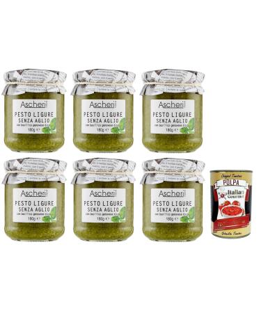 Italian Gourmet E.R. Ascheri 1960 Ligurian Pesto Without Garlic with Genoese Basil Set of 6 Pesto Sauces without Garlic with Genoese Basil 180 g + Italian Gourmet Tomato Pulp Box 400 g