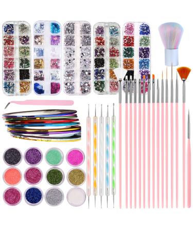 Aruigu Nail Kit, Nail Tool Set With nail art brushes, Nail Art Rhinestones, Nail Dust Brush, Nail Butterfly, Fine Glitter, Nail Sequins with 1 Tweezers and Nail Tape Strips (Pink)