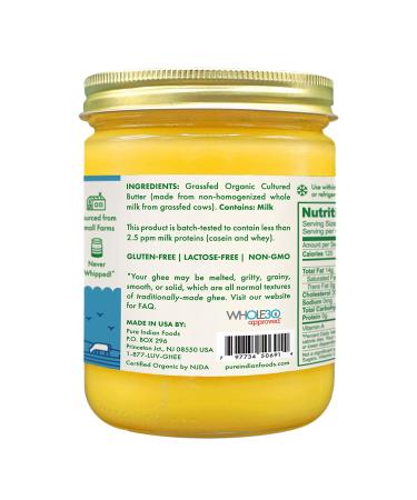 Pure Indian Foods Grassfed Organic Cultured Ghee 14 oz - Pasture Raised, Lactose-Free, Gluten-Free, Non-GMO, Paleo, Keto-Friendly - Batch Tested for Casein and Whey - 1 Pack - Buy Online on GoSupps.com