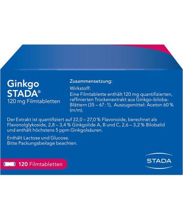 Ginkgo Stada 120 mg - Improve Age-Related Cognitive Impairment & Quality of Life with Mild Dementia - 120 Film-Coated Tablets - International Shipping - Buy Online on GoSupps.com